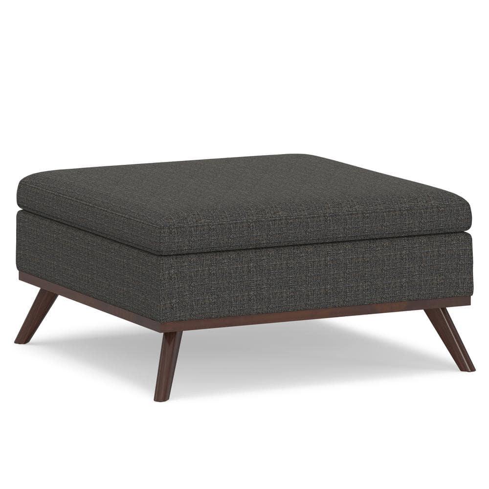Simpli Home Owen 36"W Upholstered Square Coffee Table Storage Ottoman with Lift Top and Solid Wood Legs