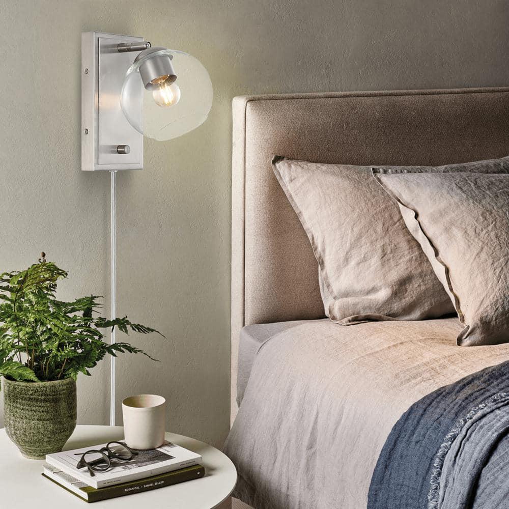 Hugo 6" 1-Light Minimalist Modern Plug-In or Hardwired Adjustable Iron LED Wall Sconce with Rotary Dimmer, Nickel with Clear Globe