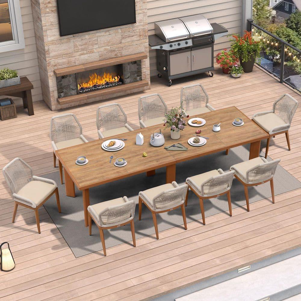 PURPLE LEAF 7 Pieces Patio Dining Set Aluminum Rectangular Table and Wicker Chairs with Cushions for Kitchen Porch Garden Modern Outdoor Furniture Sets, Beige and Dark Grey