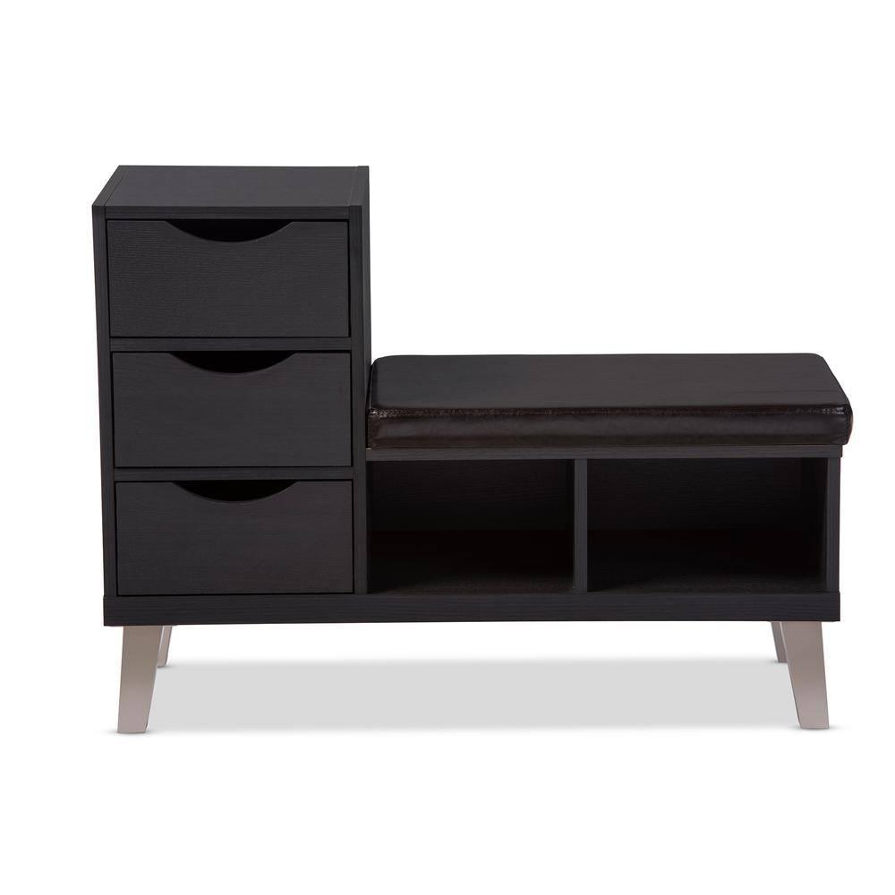 Arielle Modern and Contemporary Wood 3 - Drawer Shoe entryway benches with Two Open Shelves - Dark Brown - Baxton Studio