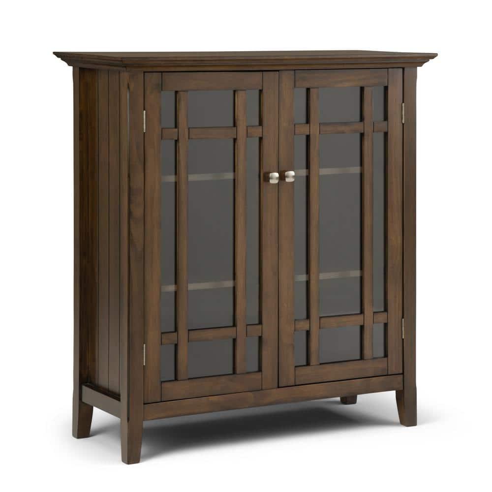 Simpli Home Bedford 39"W Solid Wood 4-Shelf Medium Storage Cabinet with Glass Doors and Adjustable Shelves