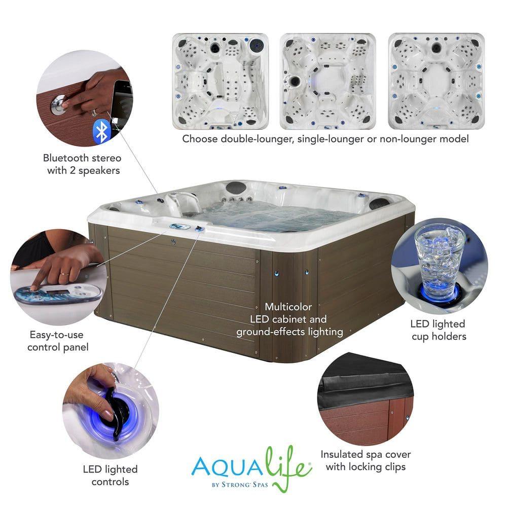 Amplified 6-Person 100-Jet Double-Lounger Hot Tub Spa with Bluetooth Stereo, 3 Pumps, LED Lighting, Stainless Steel Heater and Ozonator, Insulated Cover and Steps Included