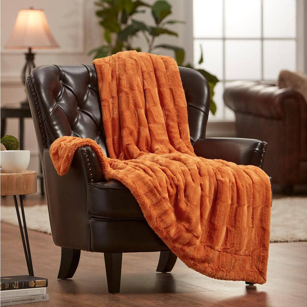 Chanasya Embossed Deco Faux Fur Throw Blanket - 50" x 65” - Orange