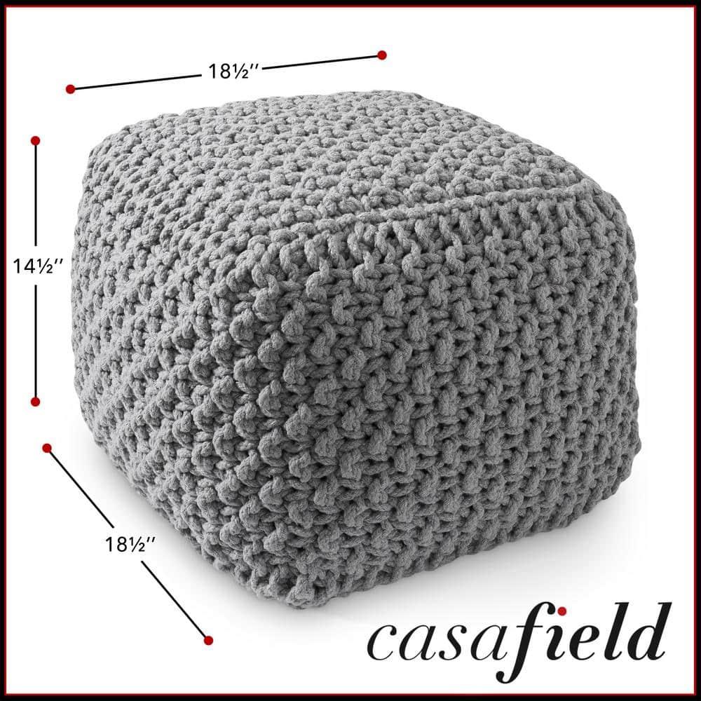 Casafield Square Pouf Ottoman, Light Gray - 18.5" W x 18.5" D x 14.5" H Cotton Knit Foot Stool - Boho Floor Pouffe for Living Room