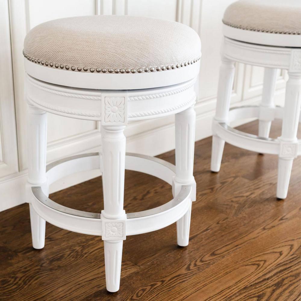 Maven Lane Pullman 31 Inch Tall Backless Alabaster White Finish Bar Height Upholstered Barstool with Cream Fabric Cushion Seat, Set of 3
