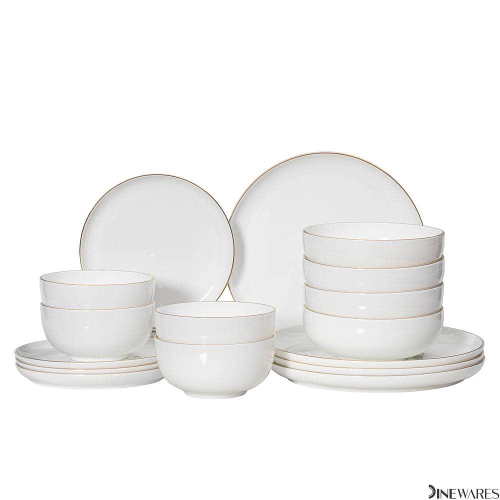 Dinewares White with Gold Rim Bone China Dinnerware Set - Service for 4, Includes Dinner Plates, Salad Plates, and Cereal or Soup Bowls