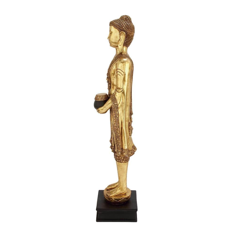 16" x 54" Gold Resin Meditating Buddha Sculpture with Engraved Carvings and Relief Detailing, by DecMode