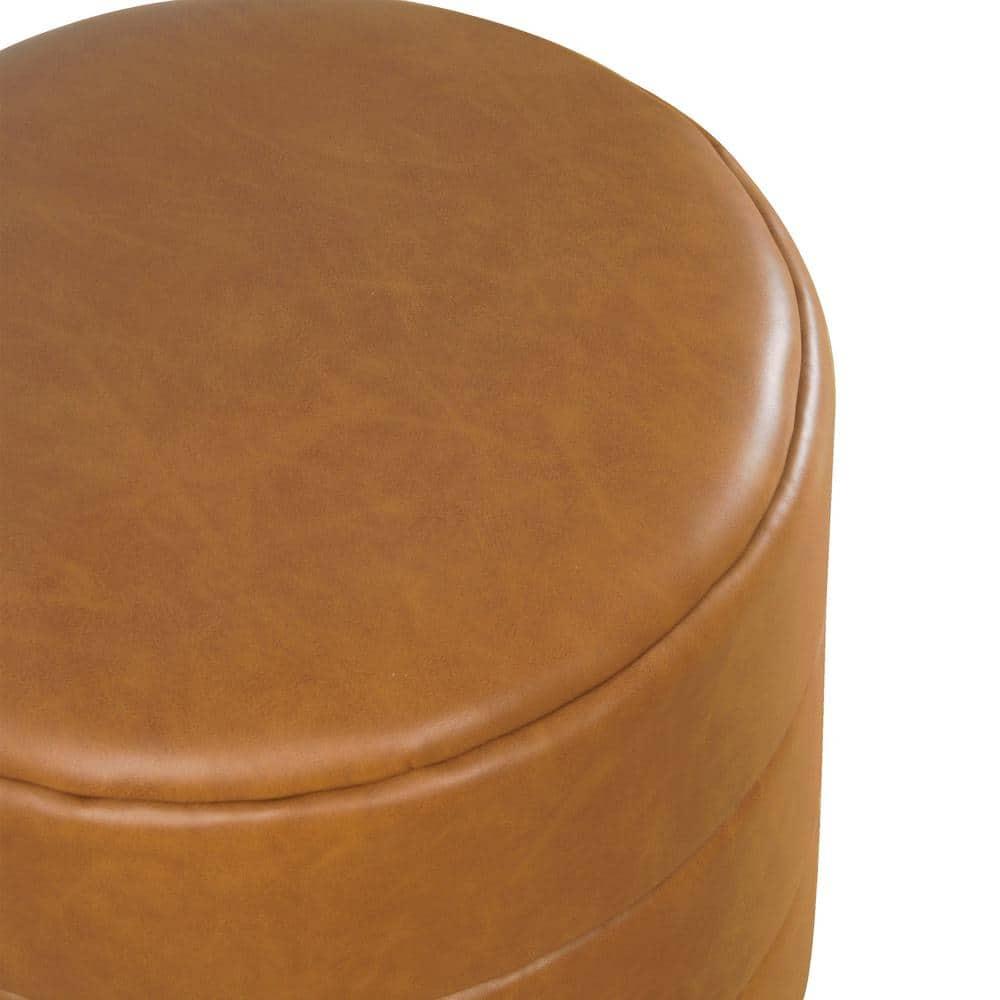 Round Upholstered Ottoman Caramel Faux Leather - HomePop: Channel Tufted, No Assembly Required