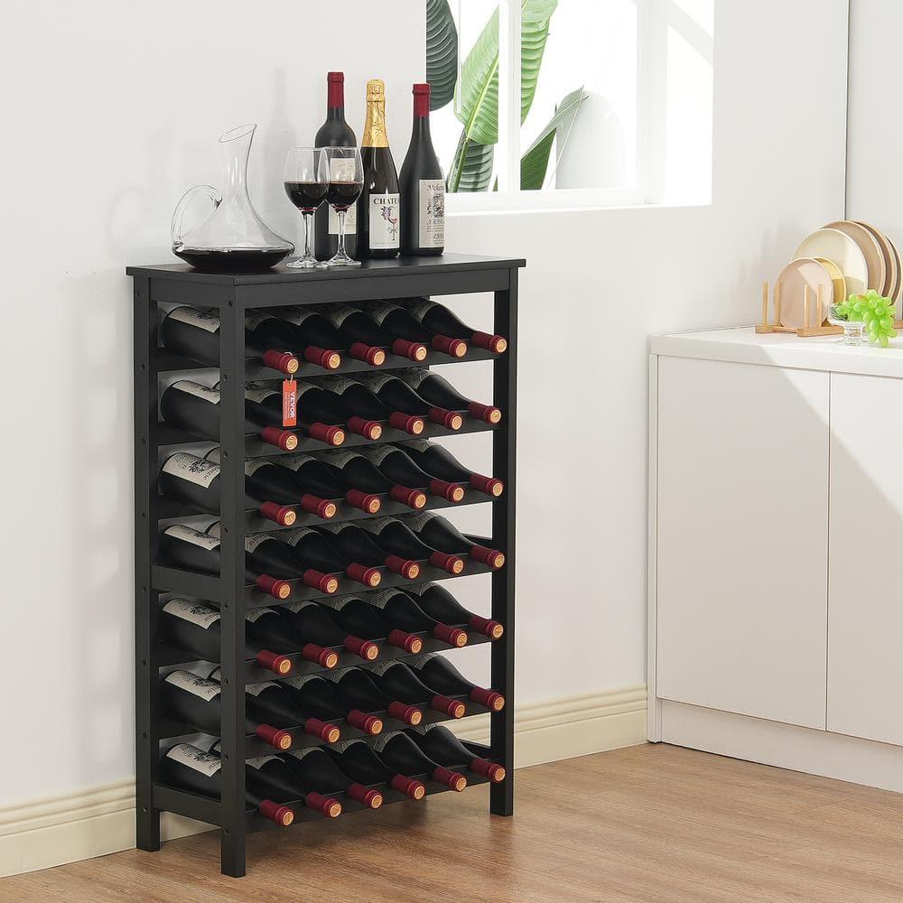 VEVOR 42 Bottle Modular Wine Rack, 7-Tier Solid Bamboo Wood Storage Racks with Table Top, Floor Freestanding Wines Holder Display Shelf, Wobble-Free Shelves for Kitchen, Bar, and Cellar (Black)