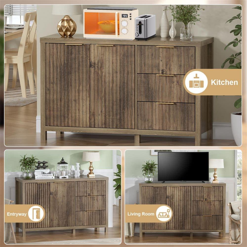 47" Brown MDF Wood Sideboard Buffet Cabinet with Grooved Doors and Drawers