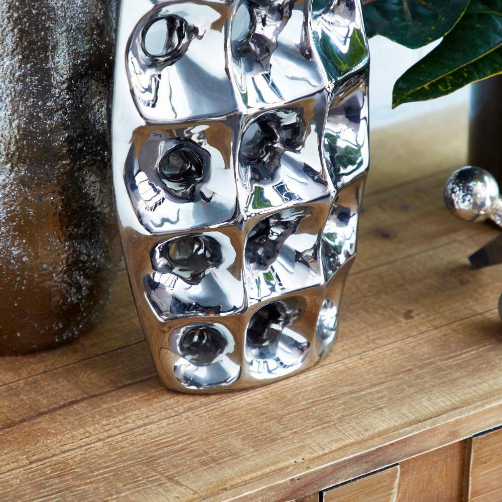 DecMode 14" Silver Ceramic Vase with Cut Out Designs