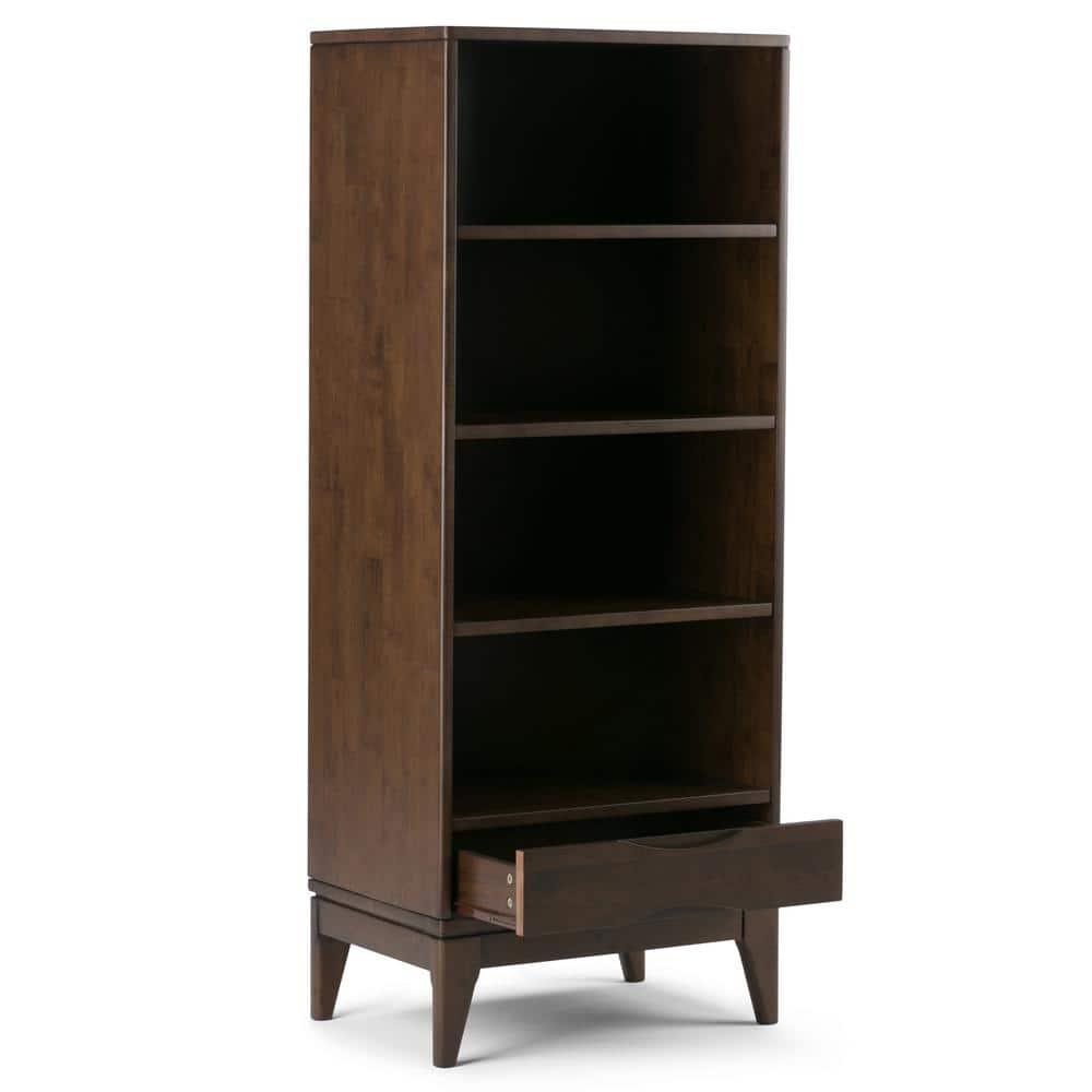 Simpli Home Harper 24"W Solid Hardwood 4 Shelf Mid-Century Modern Bookcase with Drawer and Adjustable Shelves