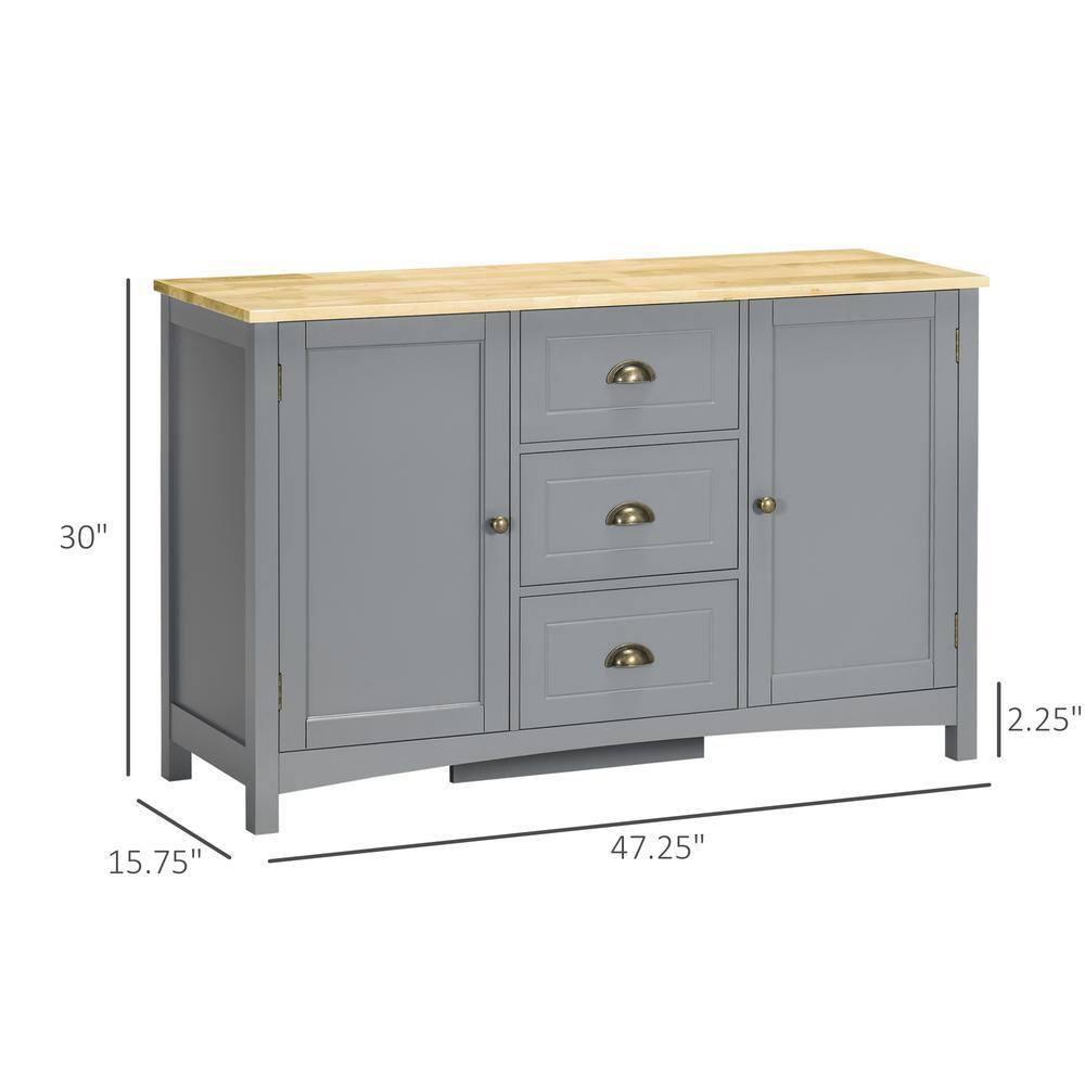 HOMCOM Buffet Cabinet with 3 Storage Drawers and Adjustable Shelves, 2 Door Sideboard with Rubber Wood Top, Coffee Bar for Living Room, Gray