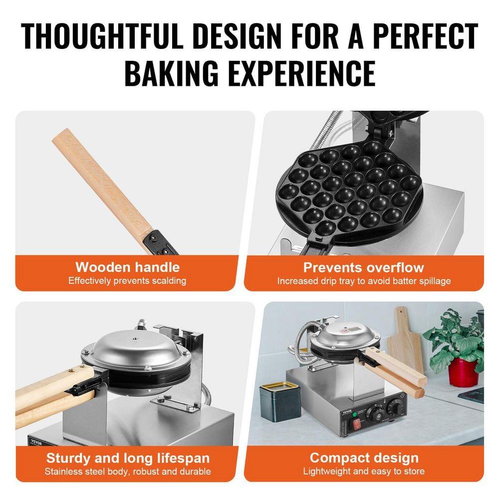 VEVOR Commercial Bubble Waffle Maker, 1400W Egg Bubble Puff Iron w/ 180° Rotatable 2 Pans & Wooden Handles, Stainless Steel Baker w/Non-Stick Teflon Coating, 50-250℃/122-482℉ Adjustable
