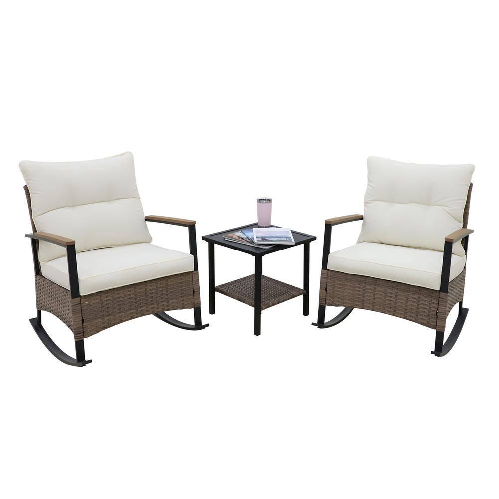 EAGLE PEAK 2 - Person Outdoor Seating Group Outdoor Rocking Seating Group with Cushions, 3-Piece Outdoor Rocking Chairs Set With Table