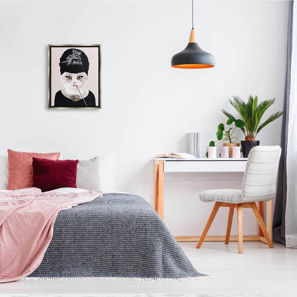 Stupell Industries Fashion Feline Jewelry And Makeup Cat Luster Gray Framed Floating Canvas Wall Art, 16x20, by Coco de Paris