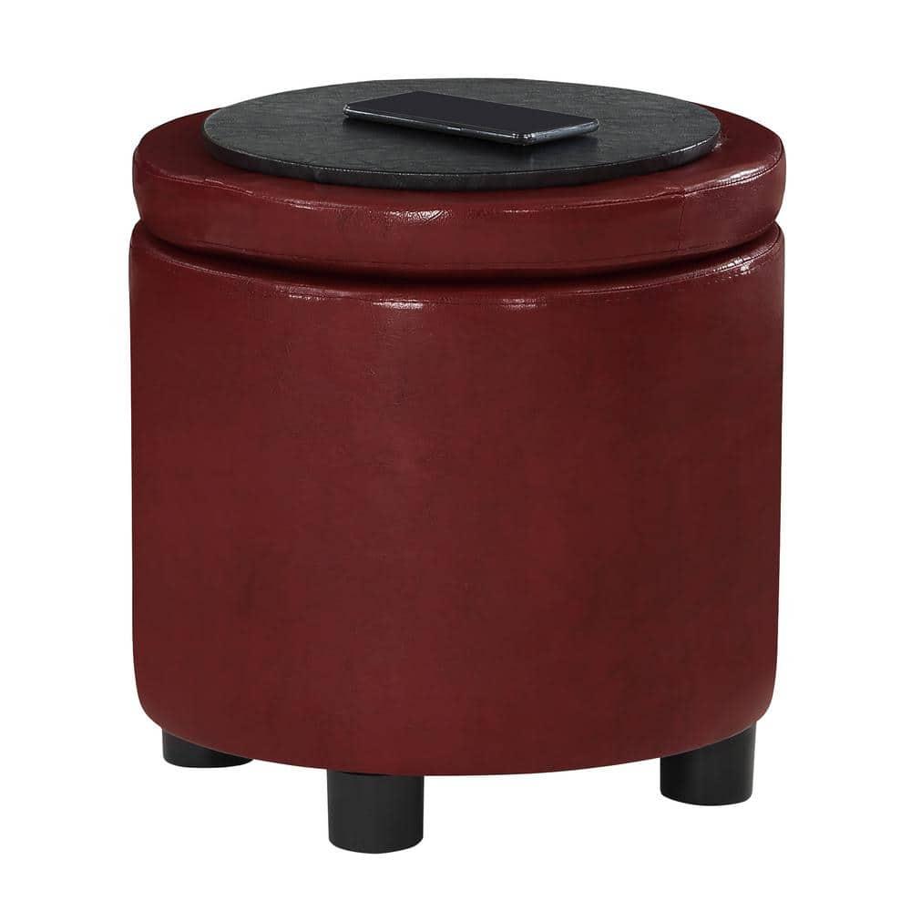 Designs4Comfort Round Accent Storage Ottoman with Reversible Tray Lid, Burgundy Faux Leather