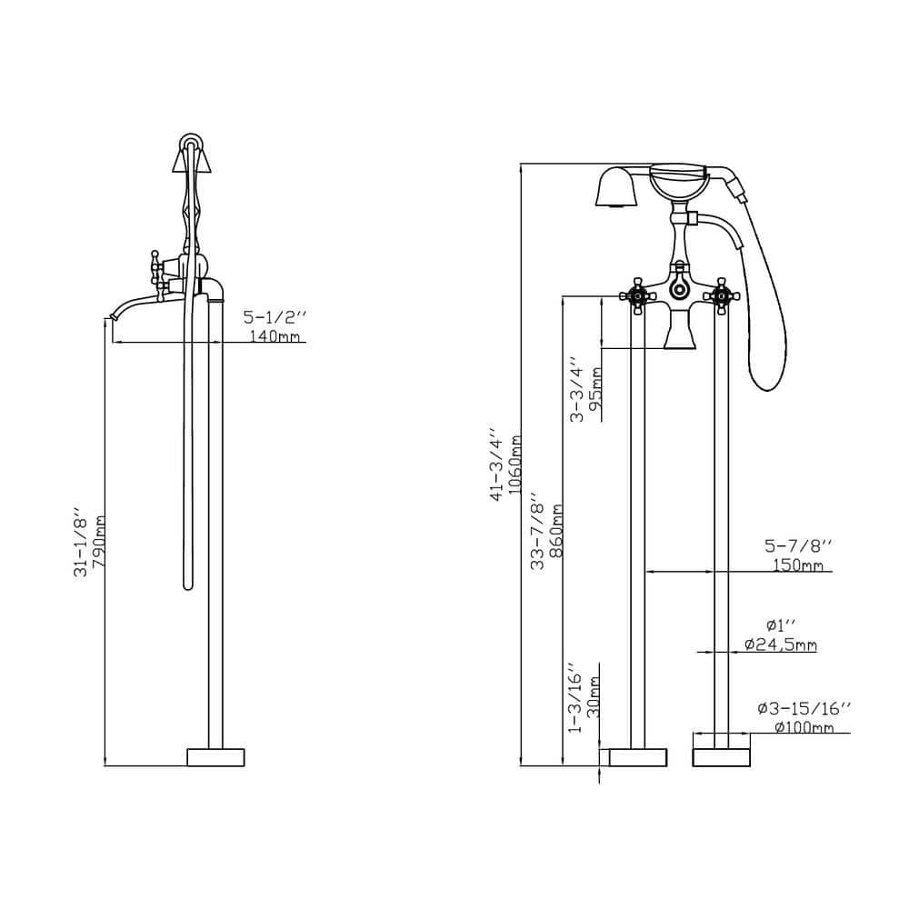 Tahoe 2 Handle Floor Clawfoot Tub Faucet with Diverter