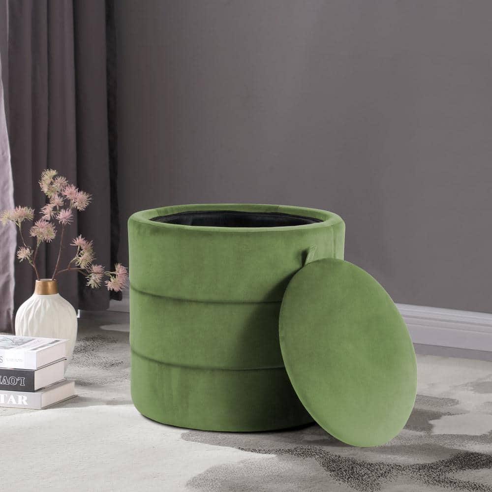 Storage Round Ottoman Green Velvet - HomePop: Upholstered Footstool, No Assembly, Polyester