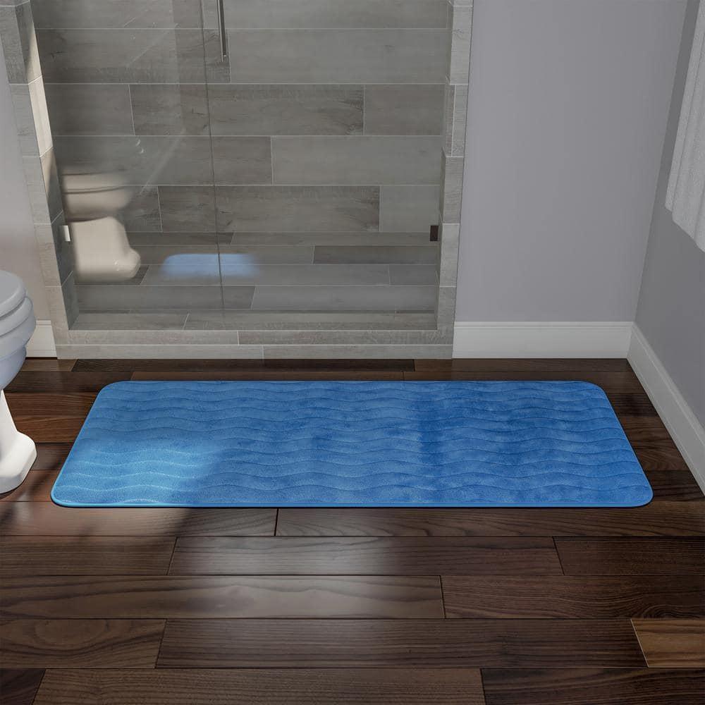 Microfiber Memory Foam Bathmat ? Oversized Padded Nonslip Accent Rug for Bathroom, Kitchen, Laundry Room, Wave Pattern by Lavish Home (Blue)
