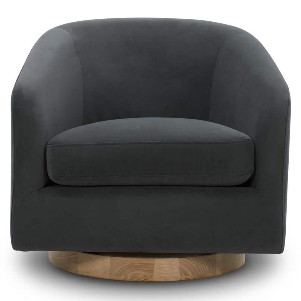 Nereus Gray Velvet Swivel Accent Chair with Arms and Wood Base