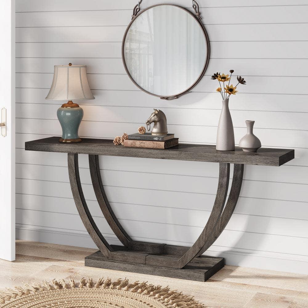 Resenkos Entryway Table, Console Sofa Table,63" Farmhouse Console Table, 2-Tier Entryway Sofa Table Gray