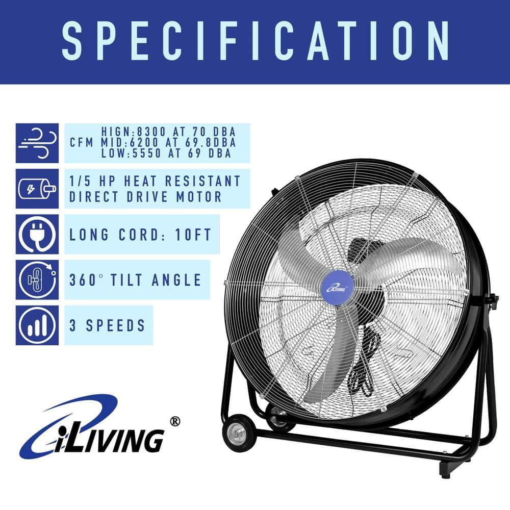 iLIVING 30 Inches High Velocity Drum Fan Industrial, Commercial, (Residential) Air Circulator for Garage, Shop, Patio, Barn, Greenhouse, Speed Control 8300CFM, UL Listed
