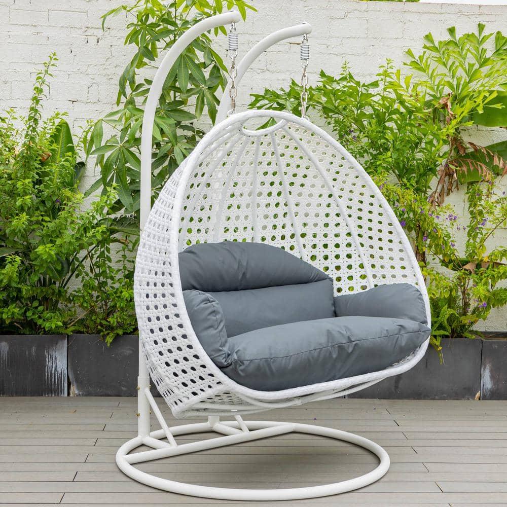 LeisureMod Modern Beige Wicker Hanging Double Seater Egg Swing Chair with Cushion, Dark Grey - Indoor/Outdoor Patio Swing