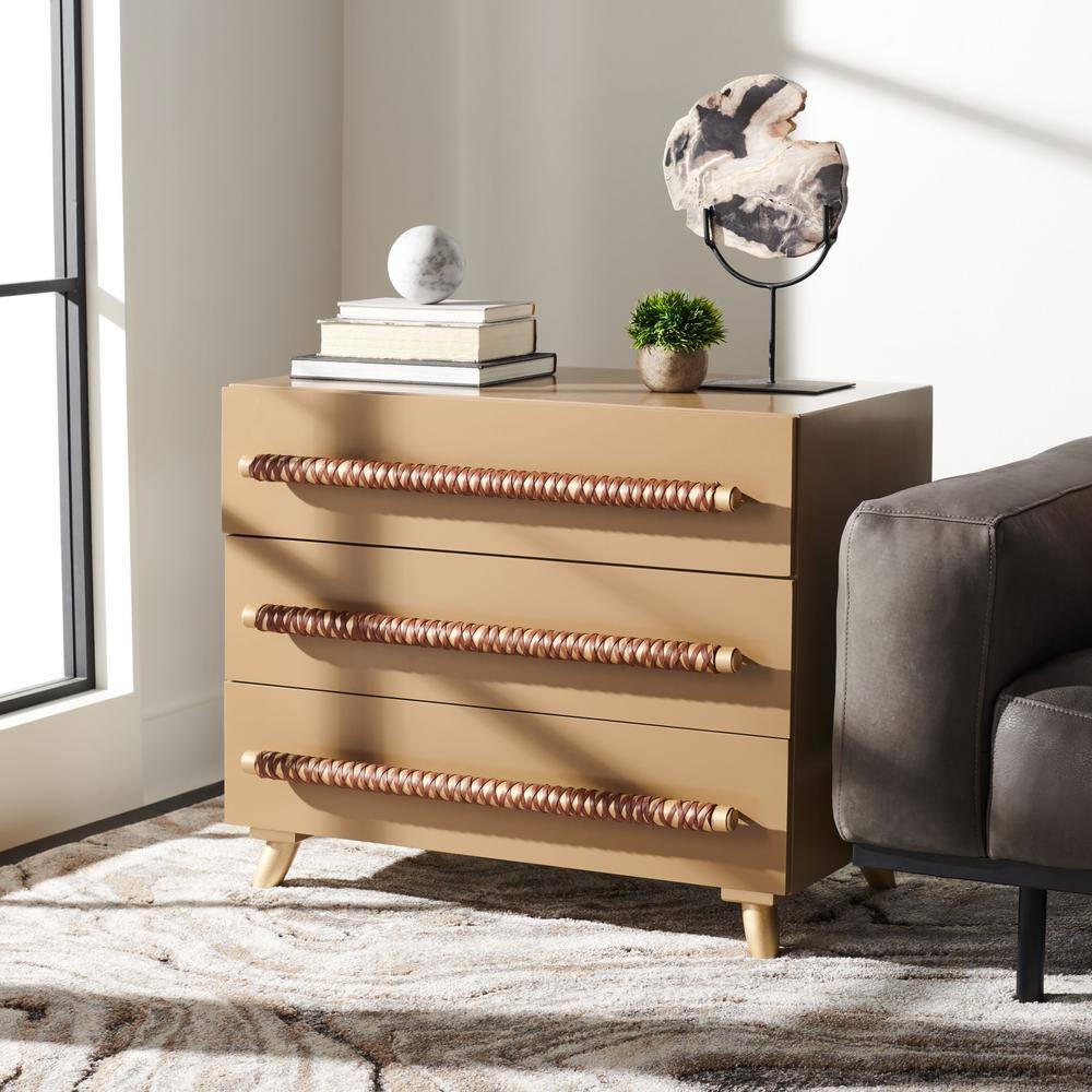 Raquel 3 Drawer Chest - Taupe/Gold/Brown Faux Leather - Safavieh.