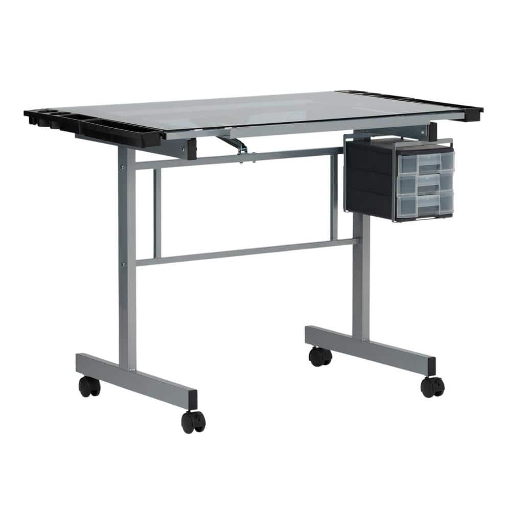 Inbox Zero Craddock Adjustable Glass Top Metal Base Drafting Table