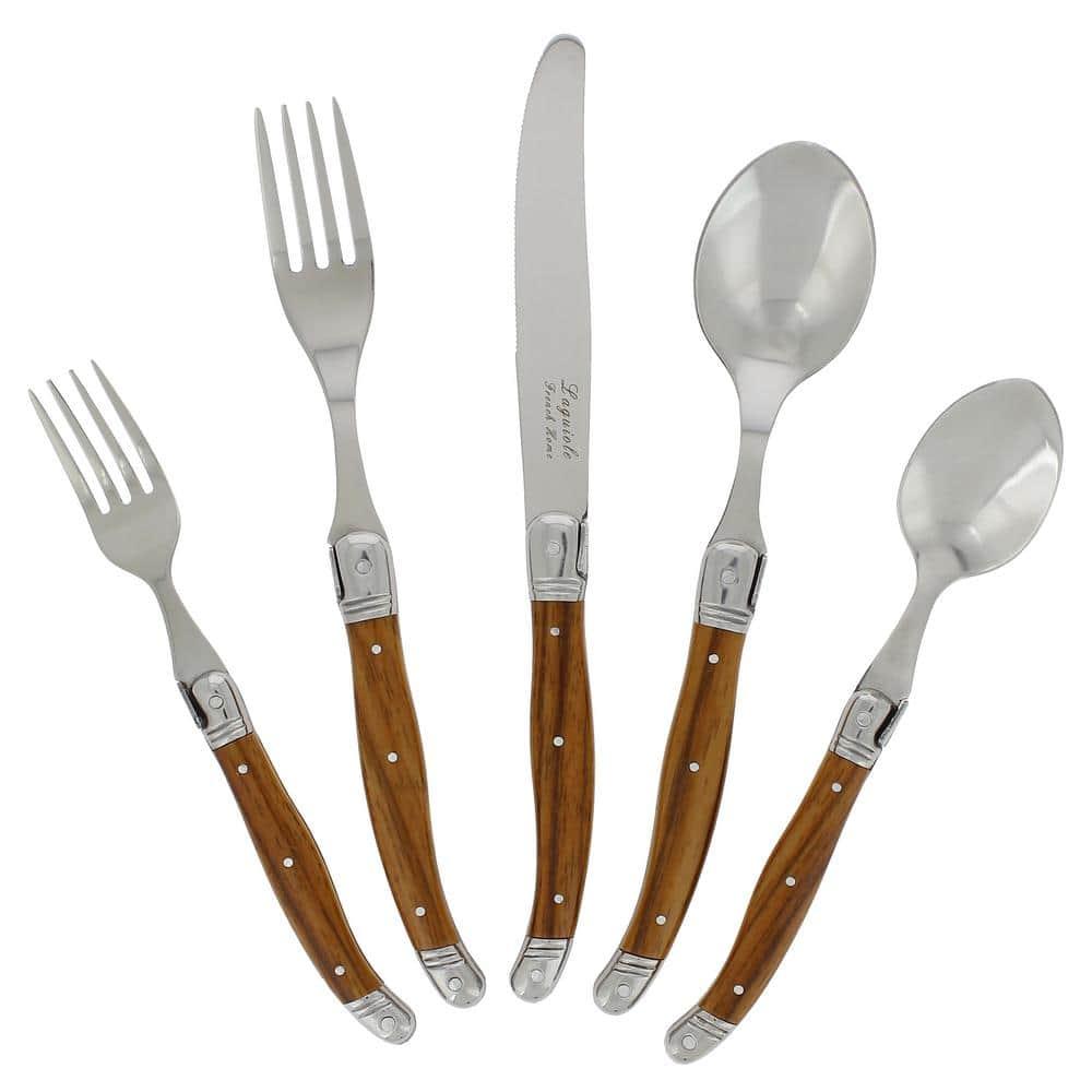 20pc Stainless Steel Laguiole Wood Grain Flatware Set Brown - French Home: Silverware Set, Ergonomic Grip, Service for 4