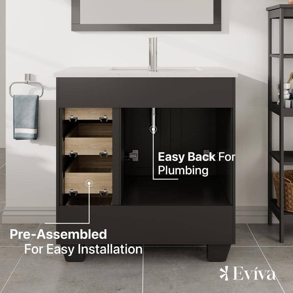 Eviva Loon 30"W x 22"D Espresso Bathroom Vanity with White Carrara Quartz Vanity Top and Rectangular Undermount Sink