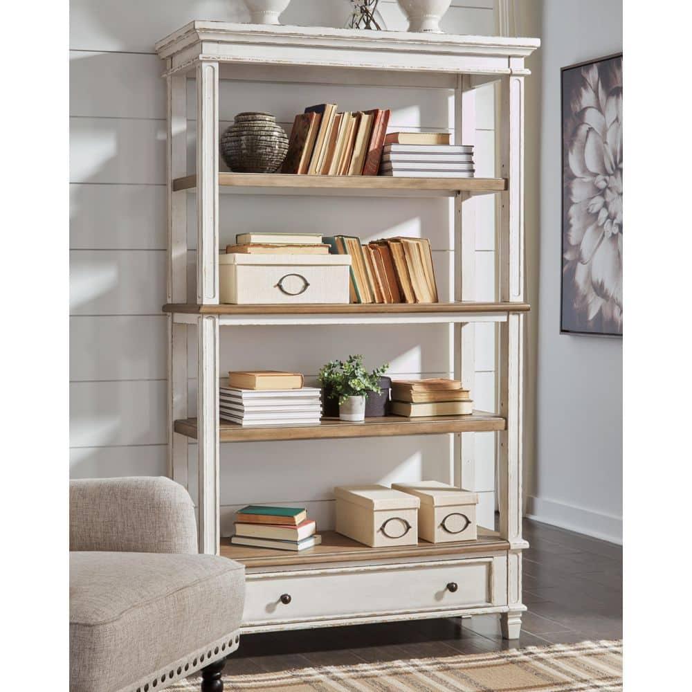 75" Realyn Bookshelf - Signature Design by Ashley: Cottage Style, Antiqued Two-Tone Finish, Open Shelves