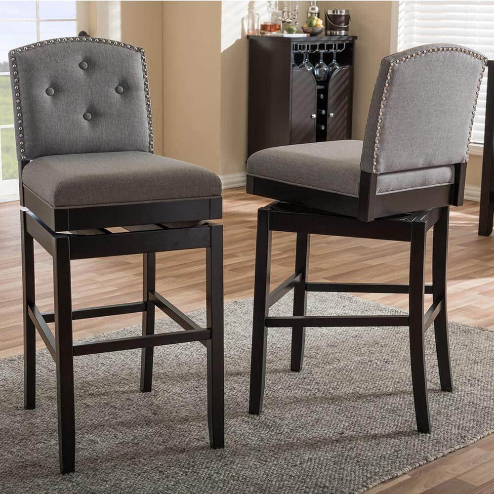 Baxton Studio Set of 2 Ginaro Modern and Contemporary Fabric Button Tufted Upholstered Swivel Barstools Gray: 30" Seat Height