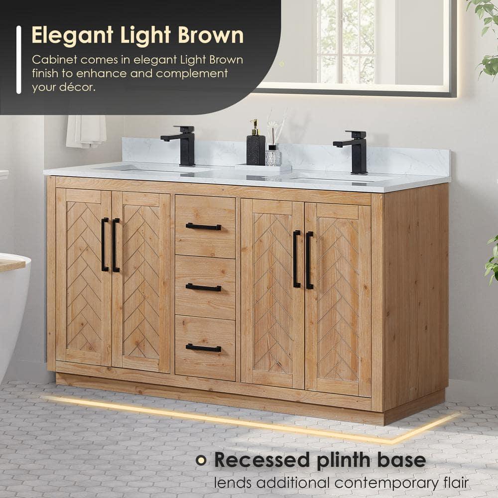 Anais 60" Wood Vanity in Light Brown with White Composite Stone Top no Mirror