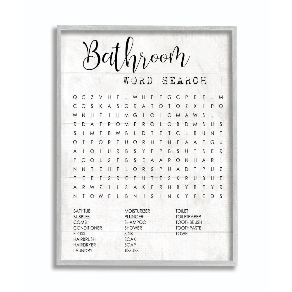 Stupell Industries Bathroom Word Search Fun Family Word Design Gray Framed Giclee, 11 x 14