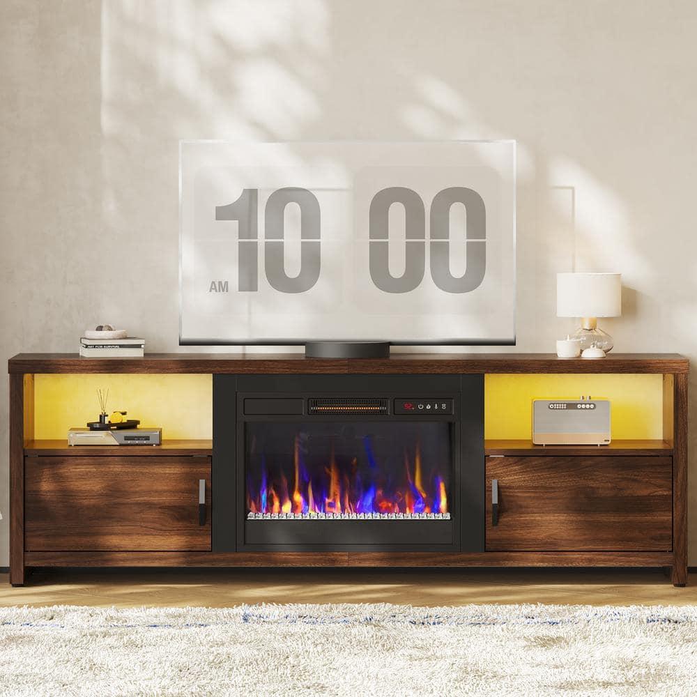 Walnut Electric Fireplace TV Stand with Cabinets for 75" TVs