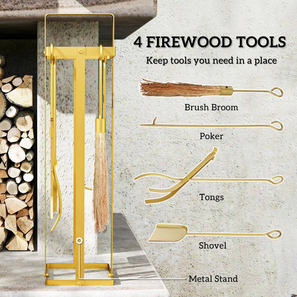 Outsunny 5 Piece Fireplace Tools Set, Metal Fireplace Accessories Set with Brush, Poker, Shovel, Tongs and Stand for Indoor or Outdoor Chimney, Gold