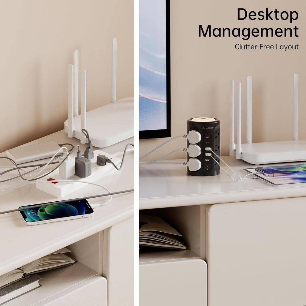 Power Strip Tower with Night Light, Power Strip Surge Protector with USB Ports, Extension Cord 10 FT with Multiple Outlets (12AC+3A+2C) for Home Office Desk DormRoom (Black)