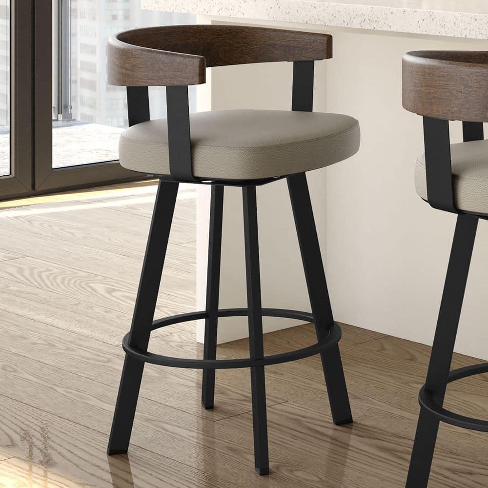 Amisco Lars Upholstered Barstool Greige/Black: Faux Leather, Steel Frame, 30" Fixed Height
