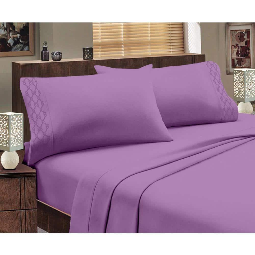 Home Sweet Home Extra Soft Deep Pocket Embroidery Luxury 4-Piece Bed Sheet Set (King, Purple)