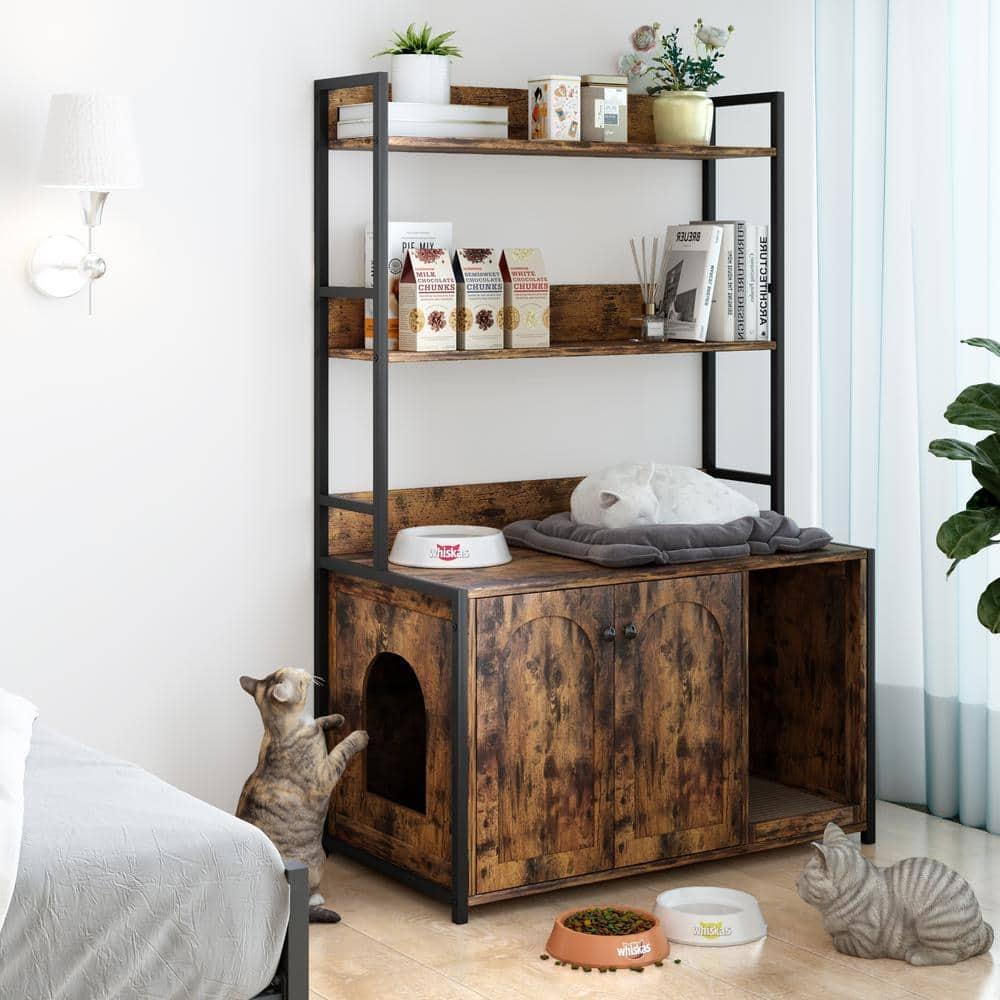 Cat Litter Box Enclosure Furniture Hidden with Barn Door Large Wooden Cat Washroom Furniture with Multi Layered Shelf Storage Wooden Cat House Furniture Storage Sturdy Indoor Cat Cabinet