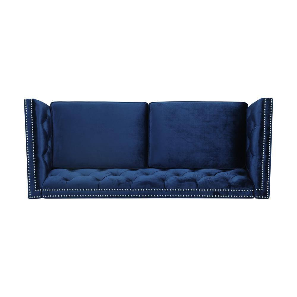 Noble House Claridge Button Tufted Velvet Sofa, Midnight Blue, Dark Brown