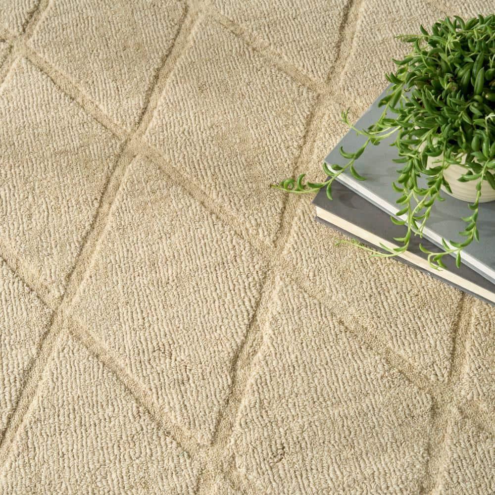 Nourison 5'3"x7'3" Wool Haven Modern Handwoven Area Rug Beige: Geometric Diamond Pattern, Medium Pile, Hand-Carved