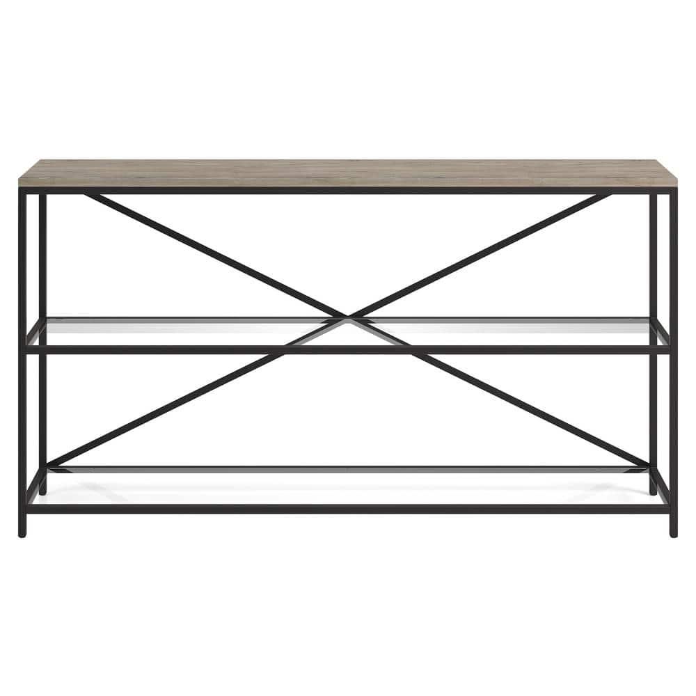 Evelyn&Zoe Fionn 55" Wide Rectangular Console Table, Blackened Bronze/Antiqued Gray Oak