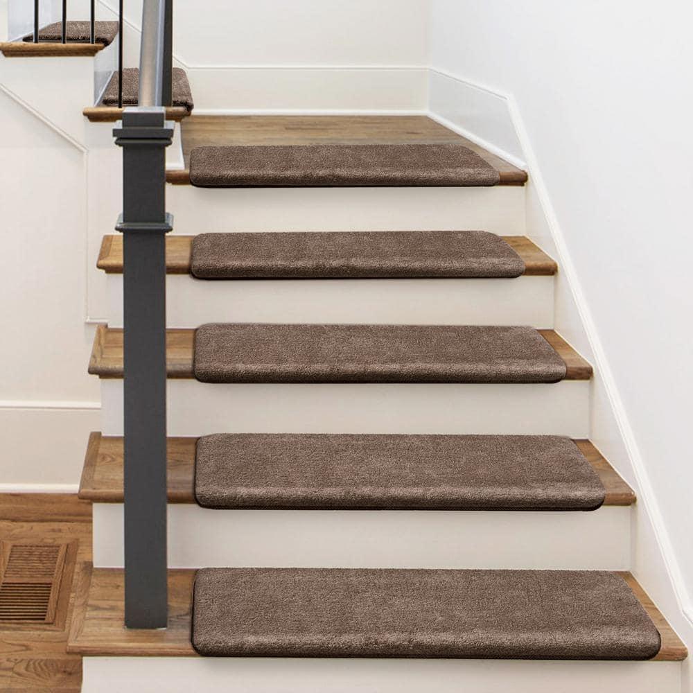 Soft Plush Brown 9.5 in. x 30 in. x 1.2 in. Bullnose Indoor Stair Tread Cover Tape Free Non-slip Carpet Set of 14