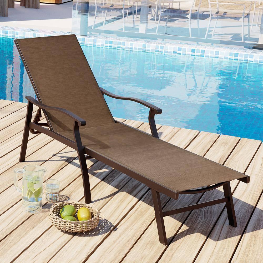 Outdoor Aluminum Adjustable Chaise Lounge Chair with Arms - Brown - Crestlive Products: Patio Furniture, Weather-Resistant