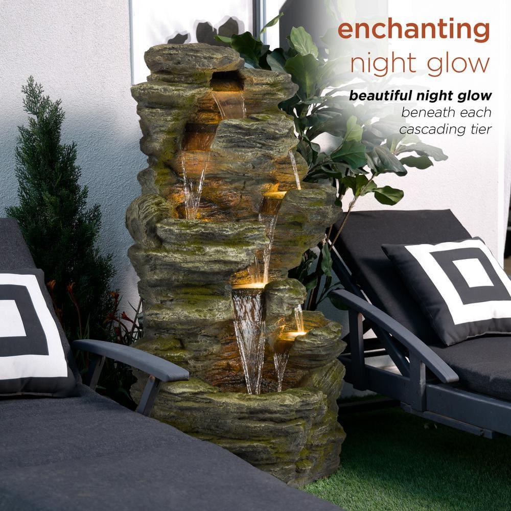 51" Resin Rock Cascading Fountain with LED Lights Gray - Alpine Corporation: Waterfall Feature, Birdbath