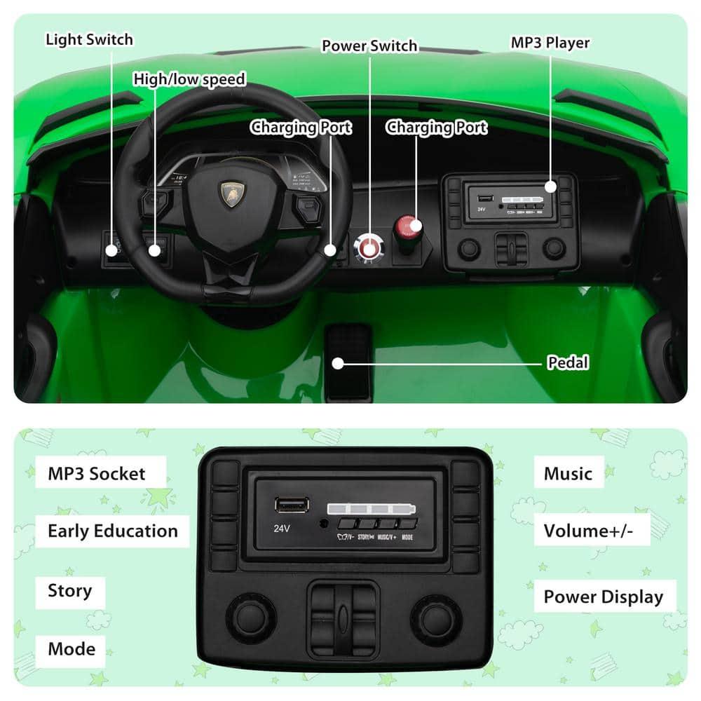 Tobbi 24V Lamborghini 2-seater Battery Powered Ride on with High/Low speed switch, Slow start function, Battery level display, MP3, USB, Light Drift Car for Kids 3-8