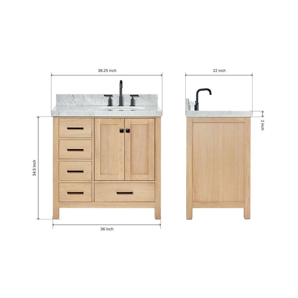 Ariel Cambridge 36 In. Right Offset Vanity With 2 In. Carrara Marble Countertop